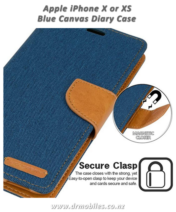Apple iPhone X or XS Canvas Diary Case - Blue