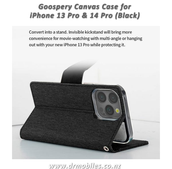 Mercury Goospery iPhone 13 or 14 Canvas Diary Wallet Case (Black)