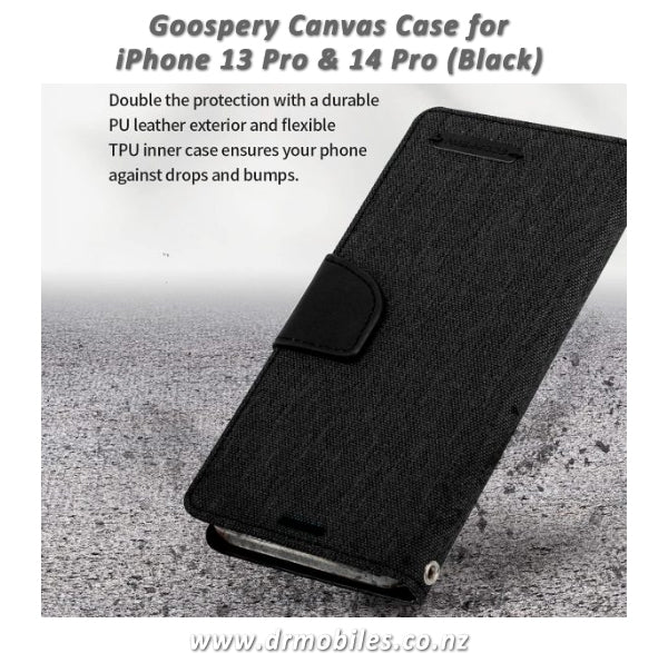 Mercury Goospery iPhone 13 or 14 Canvas Diary Wallet Case (Black)
