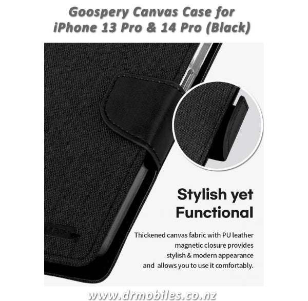 Mercury Goospery iPhone 13 or 14 Canvas Diary Wallet Case (Black)