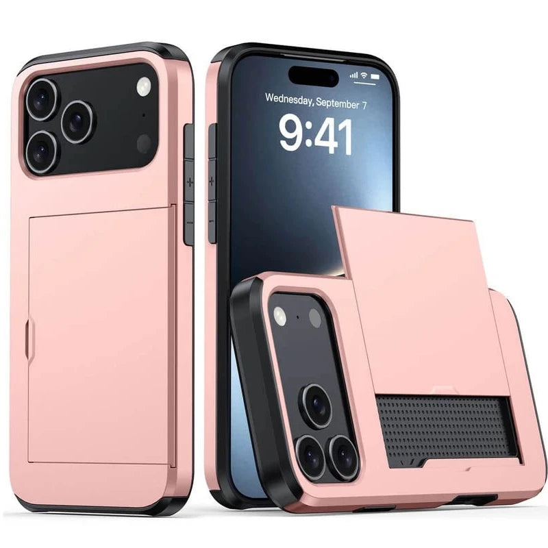 A rose gold phone case with a built-in card slot and camera cutout, shown in multiple views on a white background. One view shows the case installed on a smartphone, while the other views show the case detached and folded.