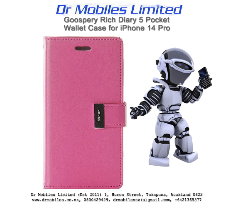 Mercury Goospery Rich Diary 5 Pocket Wallet Case for Apple iPhone 14 Pro, 6.1" - Hot Pink