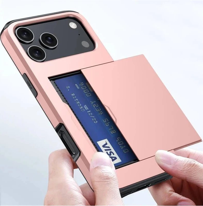 A hands-free phone case in a metallic rose gold color, shown being held by two hands. The case features a sliding card holder that is open, revealing a blue VISA card.