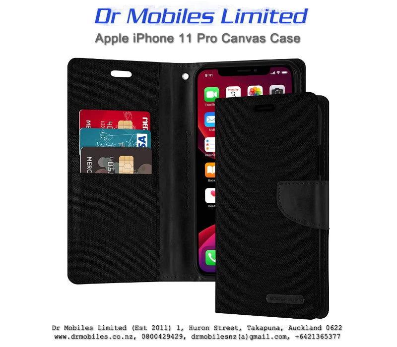 Mercury Goospery Apple iPhone 11 Pro, 5.8" Canvas Diary Case - Black