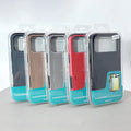 Five phone cases in different colors with a clear plastic cover on a light gray background