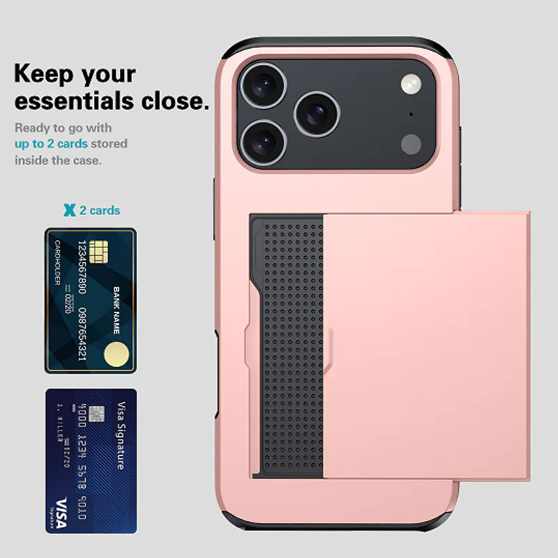 Phone case with card holder feature on a rose golden background
