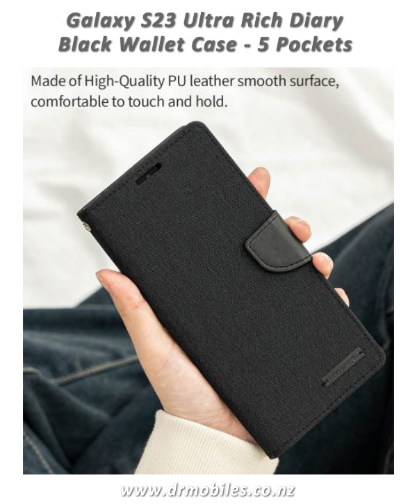 Mercury Goosery Case for Samsung Galaxy S23, Black Rich Dairy with 5 Pockets, Black