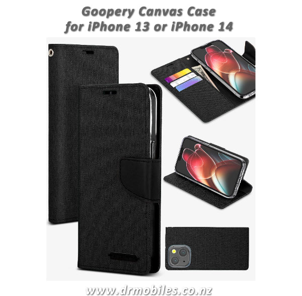 Apple iPhone 13 or 14 Canvas Diary Wallet Case (Black)
