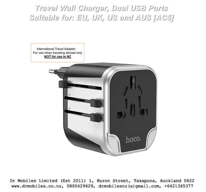 Travel wall charger, dual USB 5V / 2.4A output, with plug conversion EU, UK, US & AUS