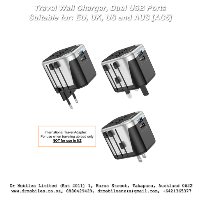 Travel wall charger, dual USB 5V / 2.4A output, with plug conversion EU, UK, US & AUS