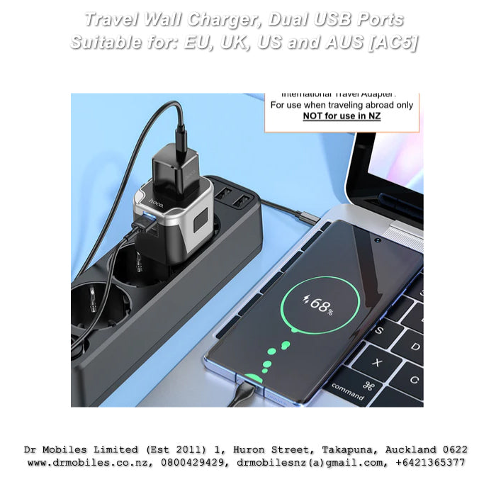 Travel wall charger, dual USB 5V / 2.4A output, with plug conversion EU, UK, US & AUS