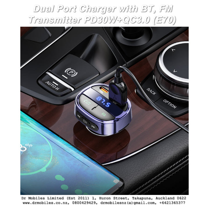 Dual Port Charger with FM Transmitter with PD 30Watt and QC 3.0 Charging (E70)