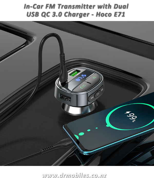 In-Car FM Wiress Transmitter, Dua USB QC 3.0 Charger.  Hoco E71