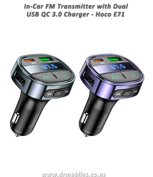 In-Car FM Wiress Transmitter, Dua USB QC 3.0 Charger.  Hoco E71