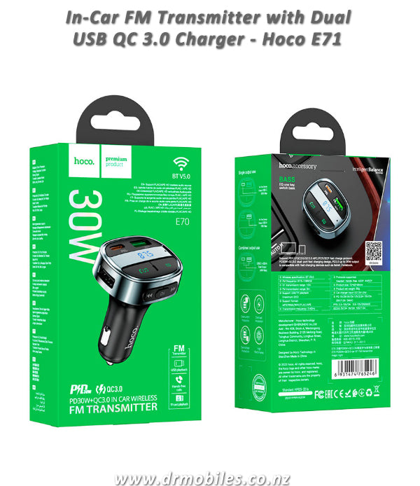 In-Car FM Wiress Transmitter, Dua USB QC 3.0 Charger.  Hoco E71