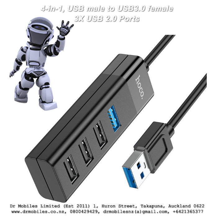4-in-1, USB male to USB3.0 female + 3X USB 2.0 Ports, Hoco HB25
