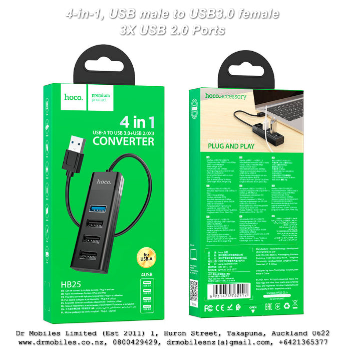 4-in-1, USB male to USB3.0 female + 3X USB 2.0 Ports, Hoco HB25