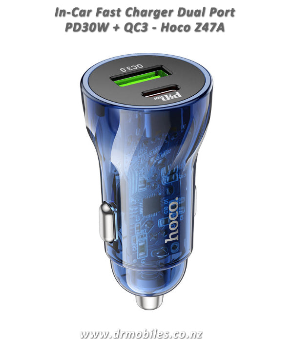 In-Car Fast Charger, Transparent, Dual Port PD30W + QC3 - Hoco Z47A