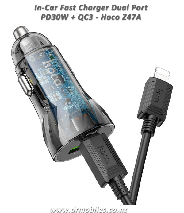 In-Car Fast Charger, Transparent, Dual Port PD30W + QC3 - Hoco Z47A