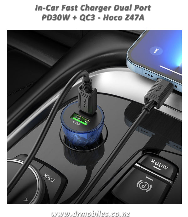 In-Car Fast Charger, Transparent, Dual Port PD30W + QC3 - Hoco Z47A