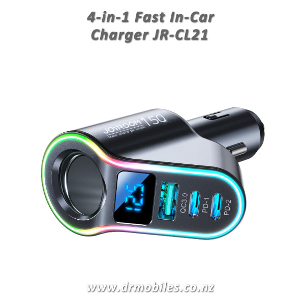 Fast in- car charger 4in1 USB-A,  QC 3.0,  2xUSB-C PD 30 150W black (JR-CL21)