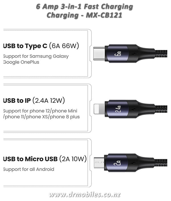 66 Watt 3-in-1 USB  Fast Charging Cable MX-CB121