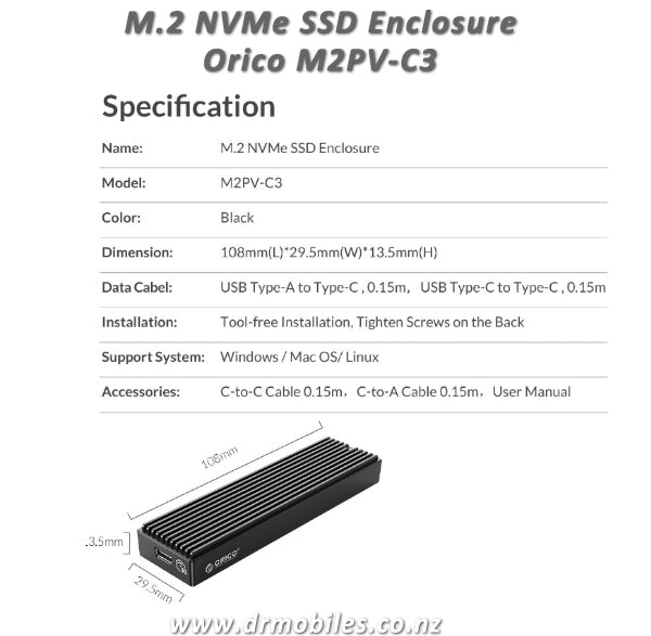 M.2 NVMe SSD Enclosure.  Orico M2PV-C3
