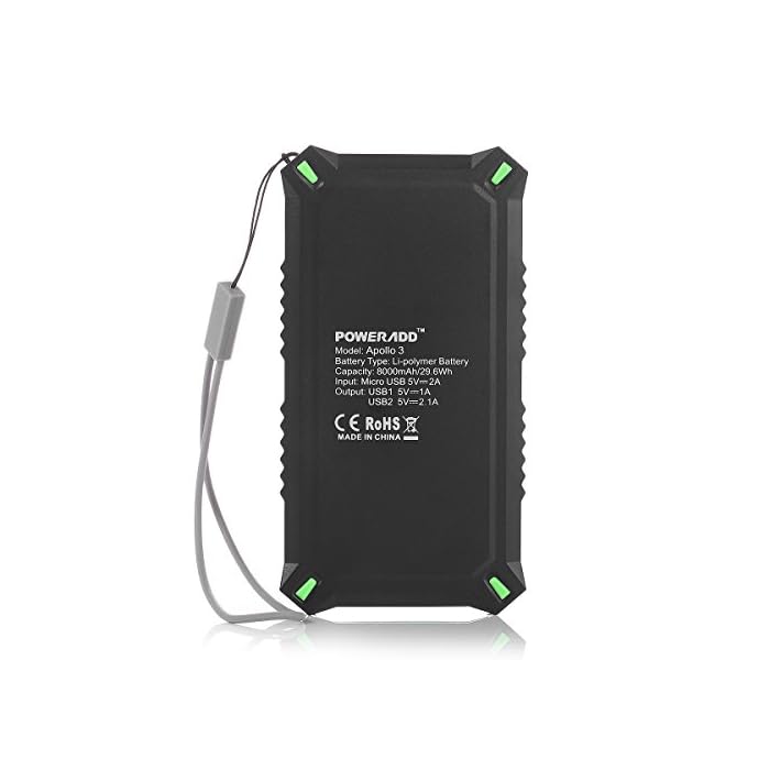 Poweradd Solar Panel Dual USB 8000mAh Battery Charger Power Bank  Waterproof Apollo3