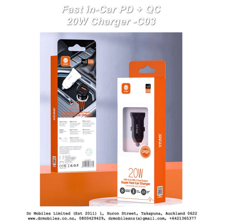 Fast in-Car PD + QC 20W Charger, USB "C" Port - C03