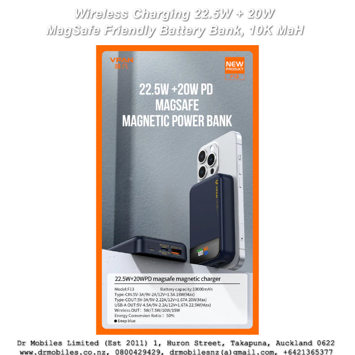 10,000 mAh, Magnetic PD 22.5W + 20W Wireless Charging Power Bank, LED Display, F13