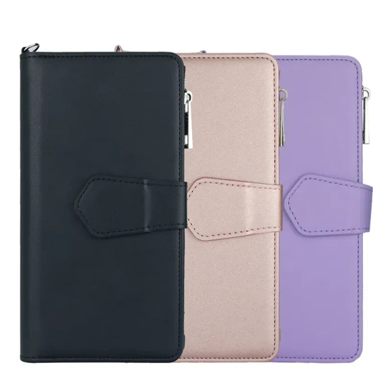 Three color wallet phone cases:black, rose gold, and light purple. Each case has a strap closure and a visible side zipper.