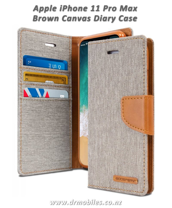 Apple iPhone 11 Pro Max Canvas Diary Wallet Case (Brown)