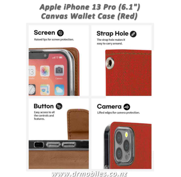 Mercury Goospery Apple iPhone 13 Pro, 6.1" Canvas Diary Case - Red
