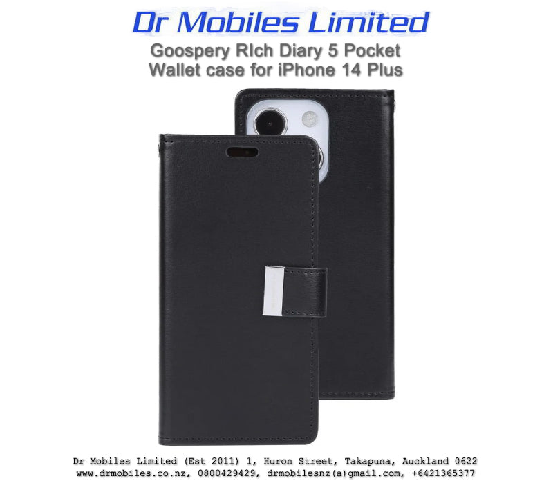 Mercury Goospery iPhone 14 Plus, Rich Diary 5 Pocket Wallet iPhone 14 Plus, 6.7" - Black