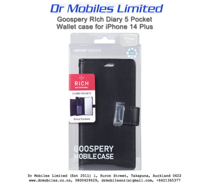 Mercury Goospery iPhone 14 Plus, Rich Diary 5 Pocket Wallet iPhone 14 Plus, 6.7" - Black