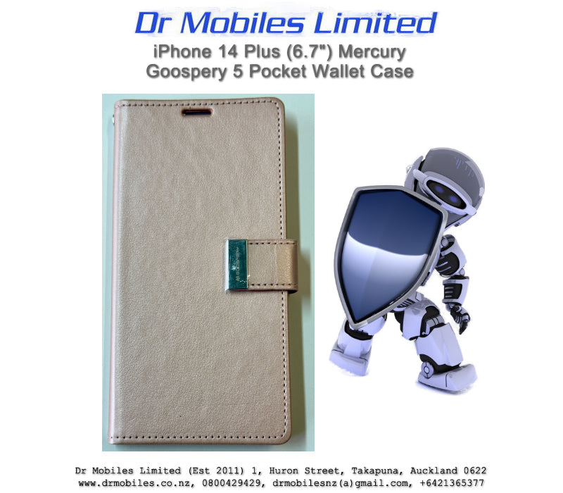 iPhone 14 Plus Mercury Goospery, 5 Pockets Rich Dairy Case - Gold, Blue