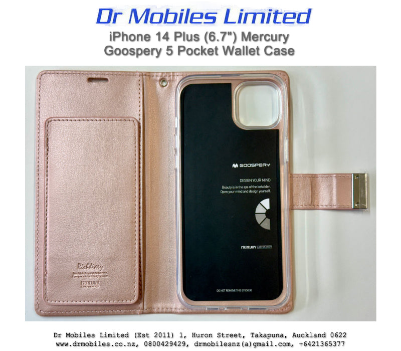 iPhone 14 Plus Mercury Goospery, 5 Pockets Rich Dairy Case - Gold, Blue