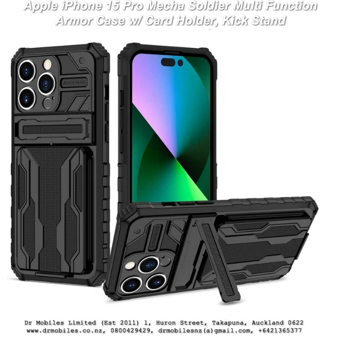 Apple iPhone 15 Pro Mecha Soldier Multi Function Armor Case w/ Card Holder, Kick Stand