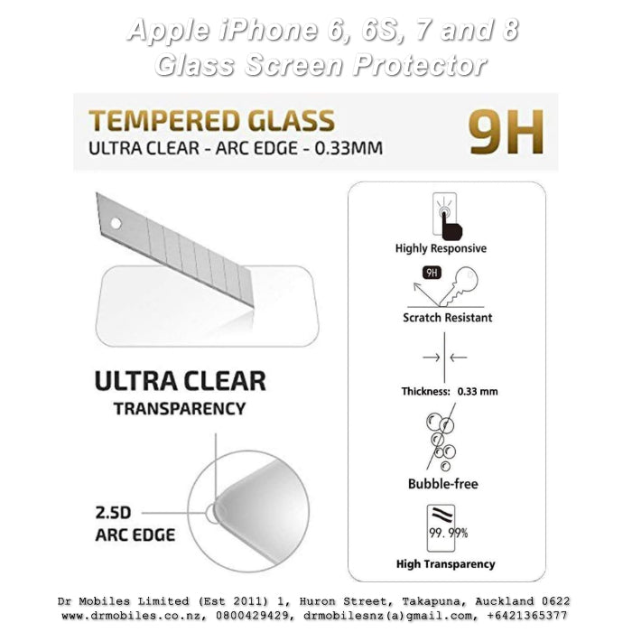 iPhone 6, 6S, 7 and 8 Glass Screen Protector 9H Hardness Rating