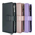 Three phone cases in black, pink, and purple