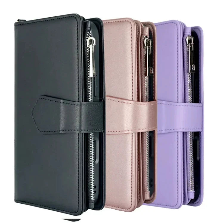 Three phone cases in black, pink, and purple