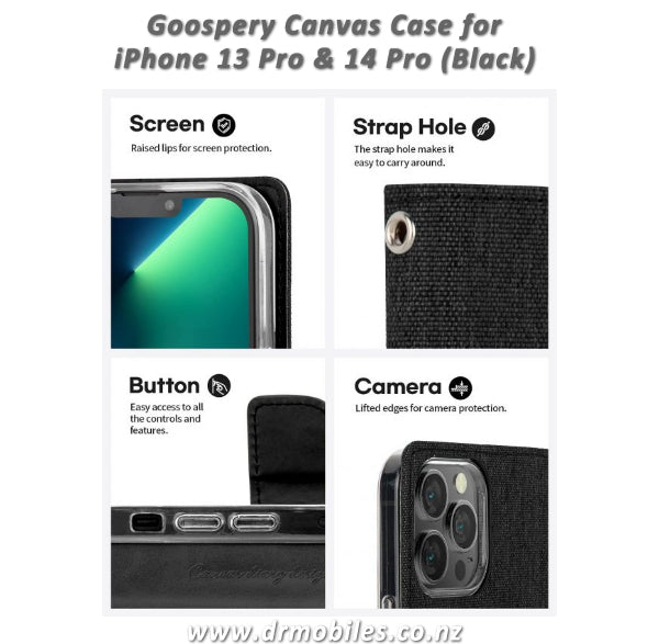 Mercury Goospery iPhone 13 or 14 Canvas Diary Wallet Case (Black)