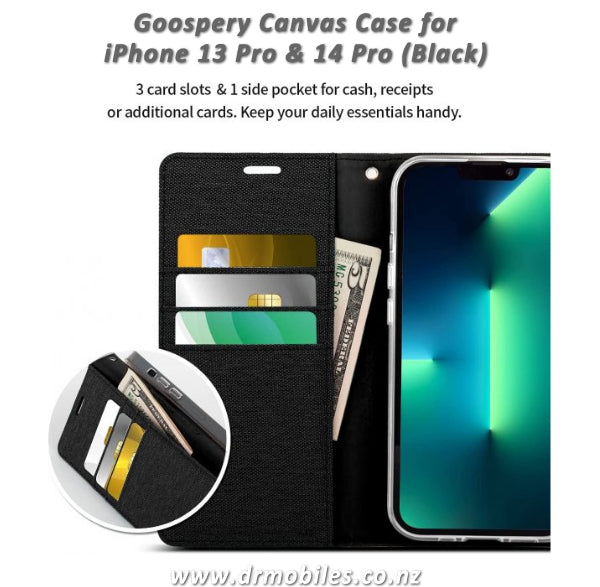 Mercury Goospery iPhone 13 or 14 Canvas Diary Wallet Case (Black)