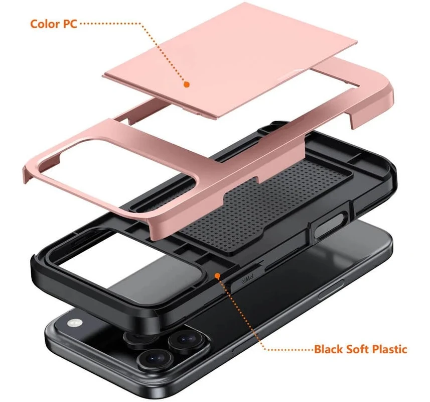 An exploded view diagram of a phone case showing its layered construction, with a rose gold outer frame labeled 'Color PC' and a black inner protective layer labeled 'Black Soft Plastic' 